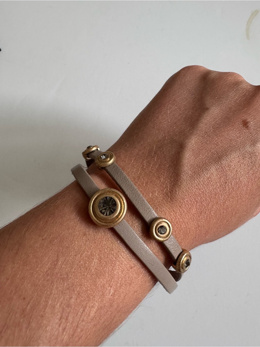 Taupe Leather Wrap Bracelet with Gold Accents & Magnetic Clasp